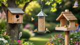Vogelhaus und Futterstelle aus Holz für Wildvögel im Garten