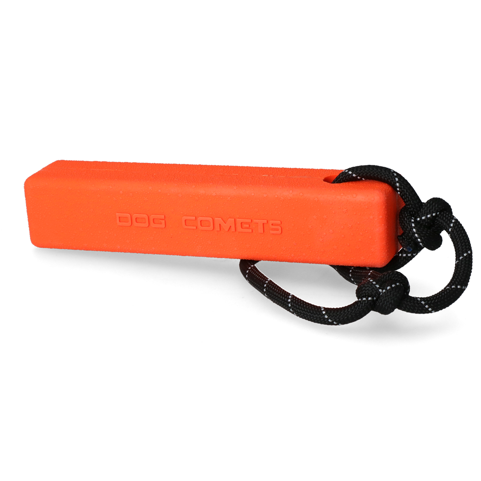 Dog Comets Apportierdummy, Naturkautschuk, schwimmfähig, mit Wurfseil, reflektierend, orange, 20 x 4 x 4 cm