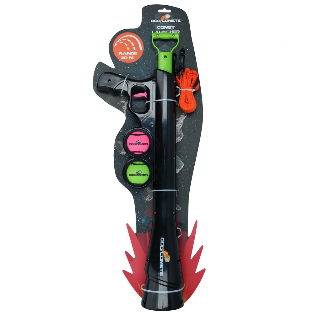 Dog Comets Ballwerfer, Comet Launcher, bis 20 m Reichweite, inkl. 2 Tennisbälle Größe M