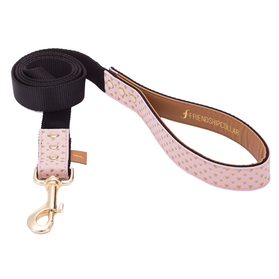 FriendshipCollar Hundeleine, veganes Leder, pastellrosa, goldene Herzchen, 120 x 2,5 cm