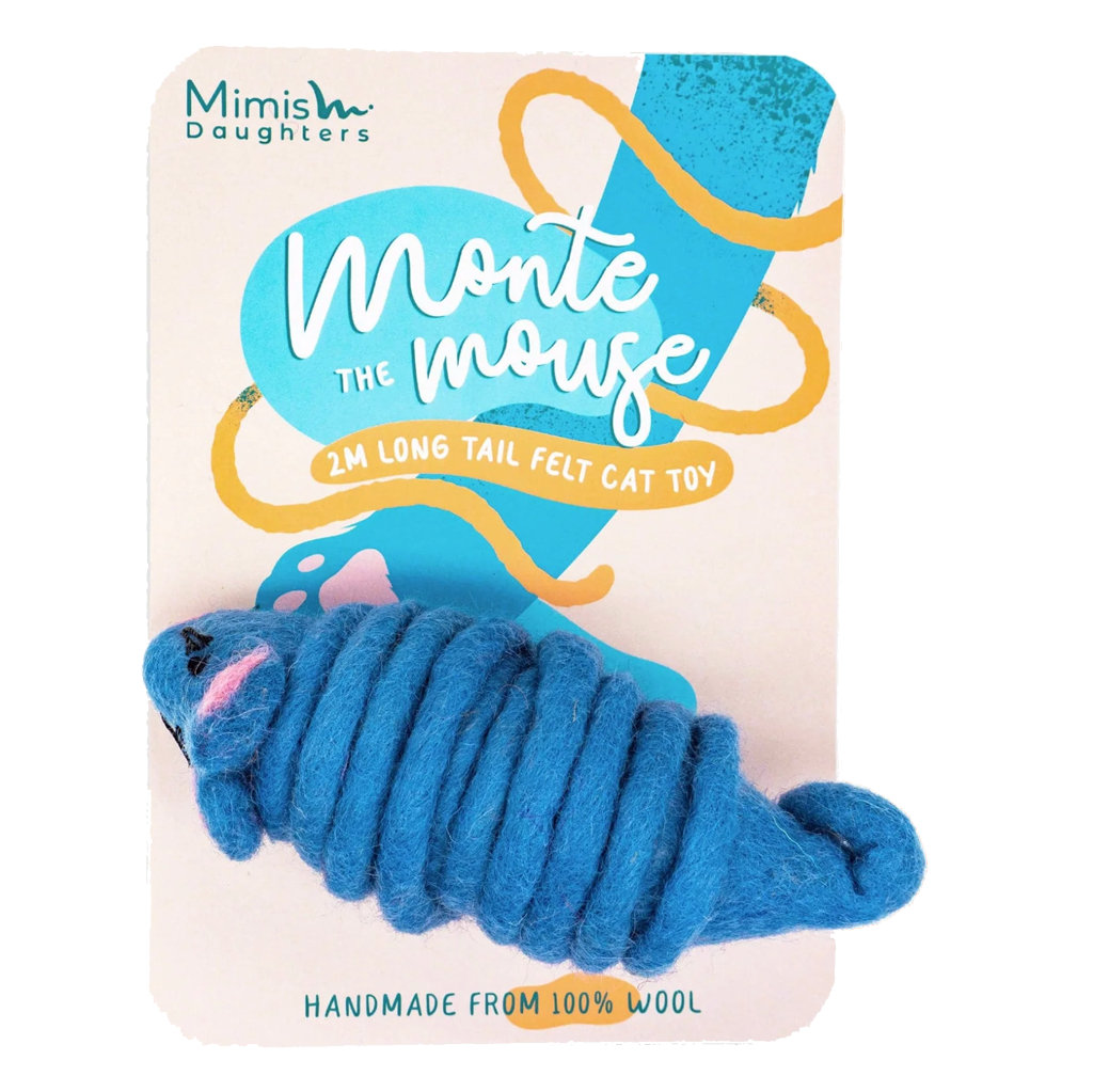 Mimis Daughters Katzen-Spielzeug Maus, Filzwolle, handgefertigt, 10 cm, Schwanz 2 m, light blue