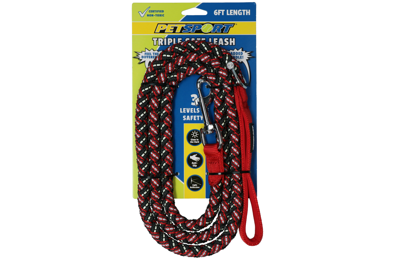 Petsport Hundeleine Triple Safe, geflochten, leuchtend, gepolsterter Griff, rot, 1,8 m