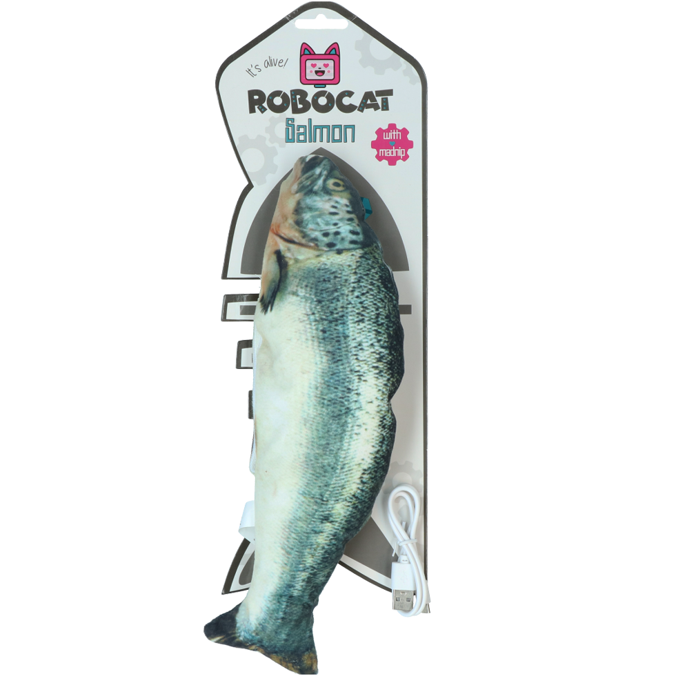 Robocat Katzenspielzeug Fisch Lachs, MADNIP-Füllung, USB aufladbar, 30 cm
