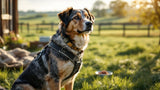 Hund sitzt auf grünem Rasen und blickt neugierig in die Kamera