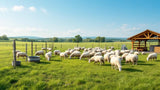 Schafweide mit grasenden Schafen auf grüner Wiese