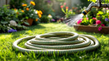 Gartenschlauch in grüner Farbe auf Rasen im Garten