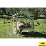 Viereckraufe für Schafe, mit Dach, verzinkt, für Rundballen bis Ø 1,40 m, 20 Fressöffnungen