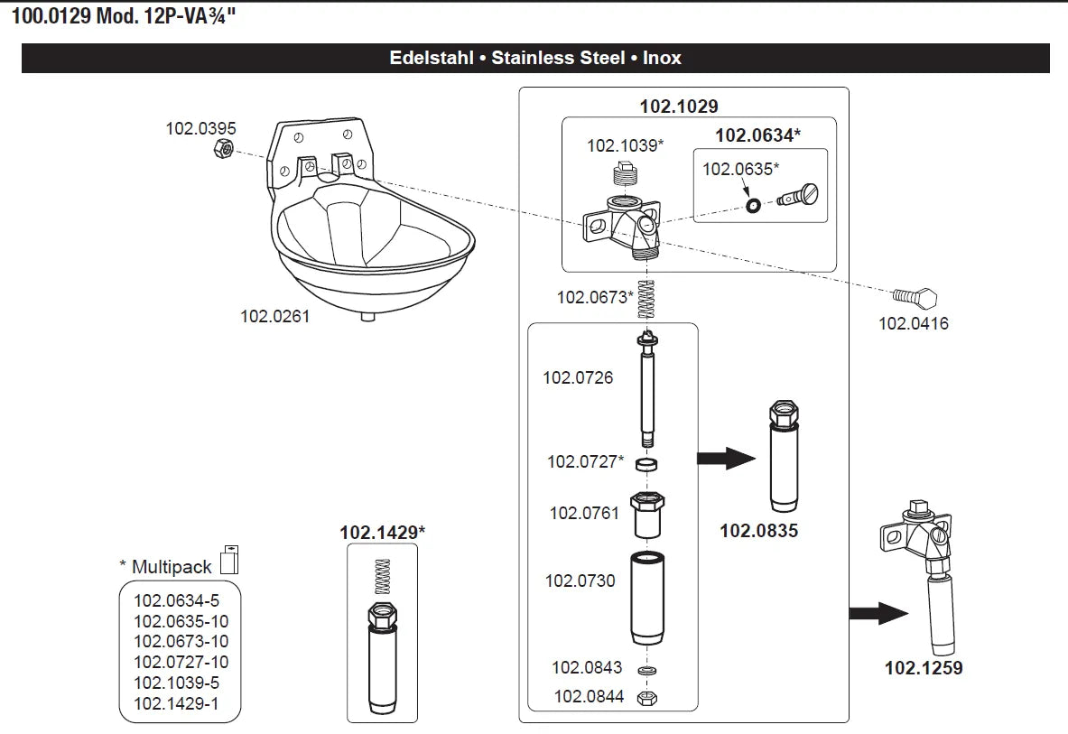 Rohrventil-Becken Mod. 12P mit 3/4" Edelstahlventil