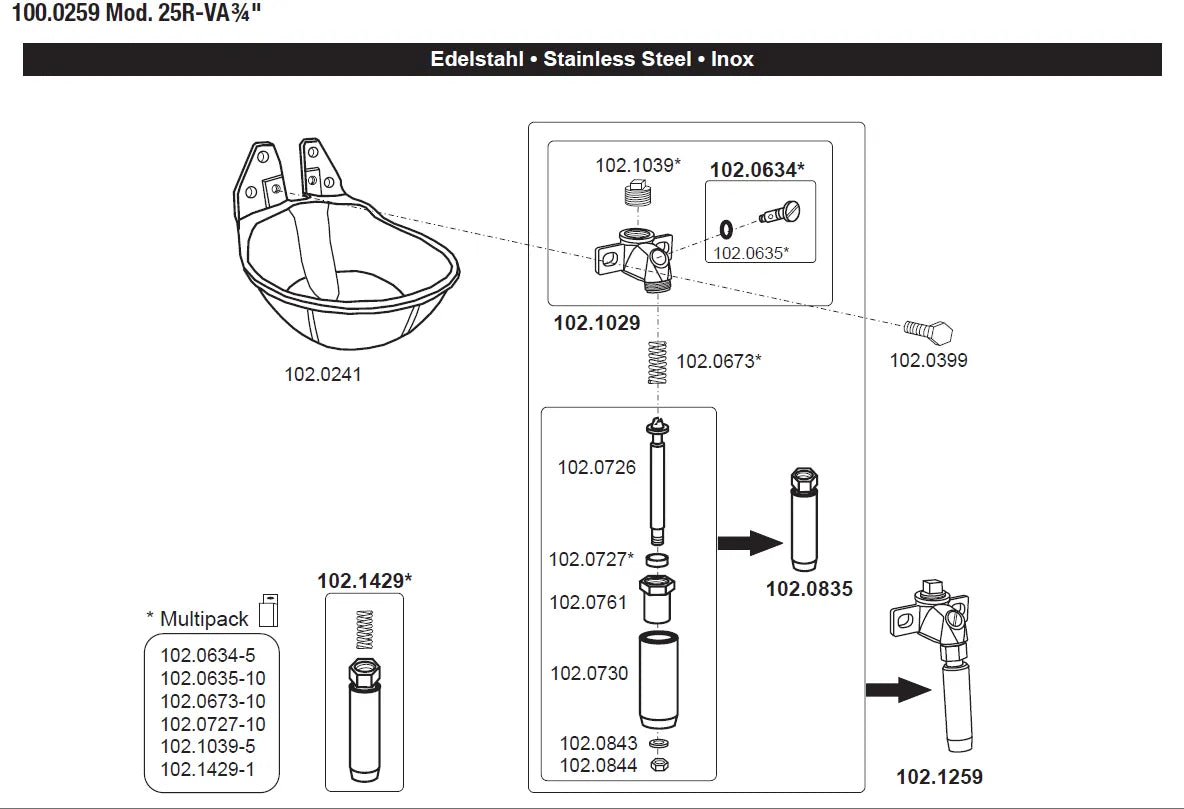 Rohrventil-Becken Mod. 25R mit 3/4" Edelstahlventil