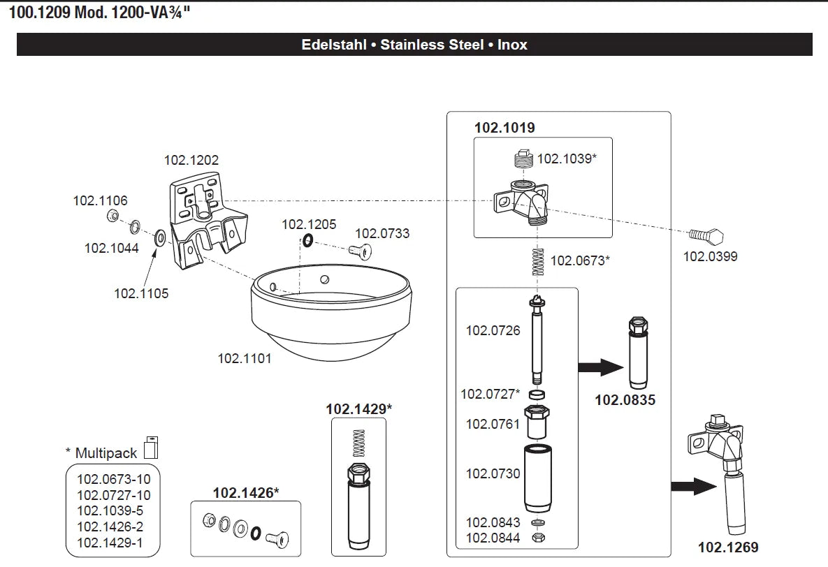 Edelstahl-Rohrventilbecken Mod. 1200 mit 3/4" Edelstahlventil