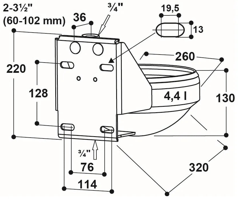 Edelstahl-Rohrventilbecken Mod. 1220 komplett aus Edelstahl, 3/4" Ventil