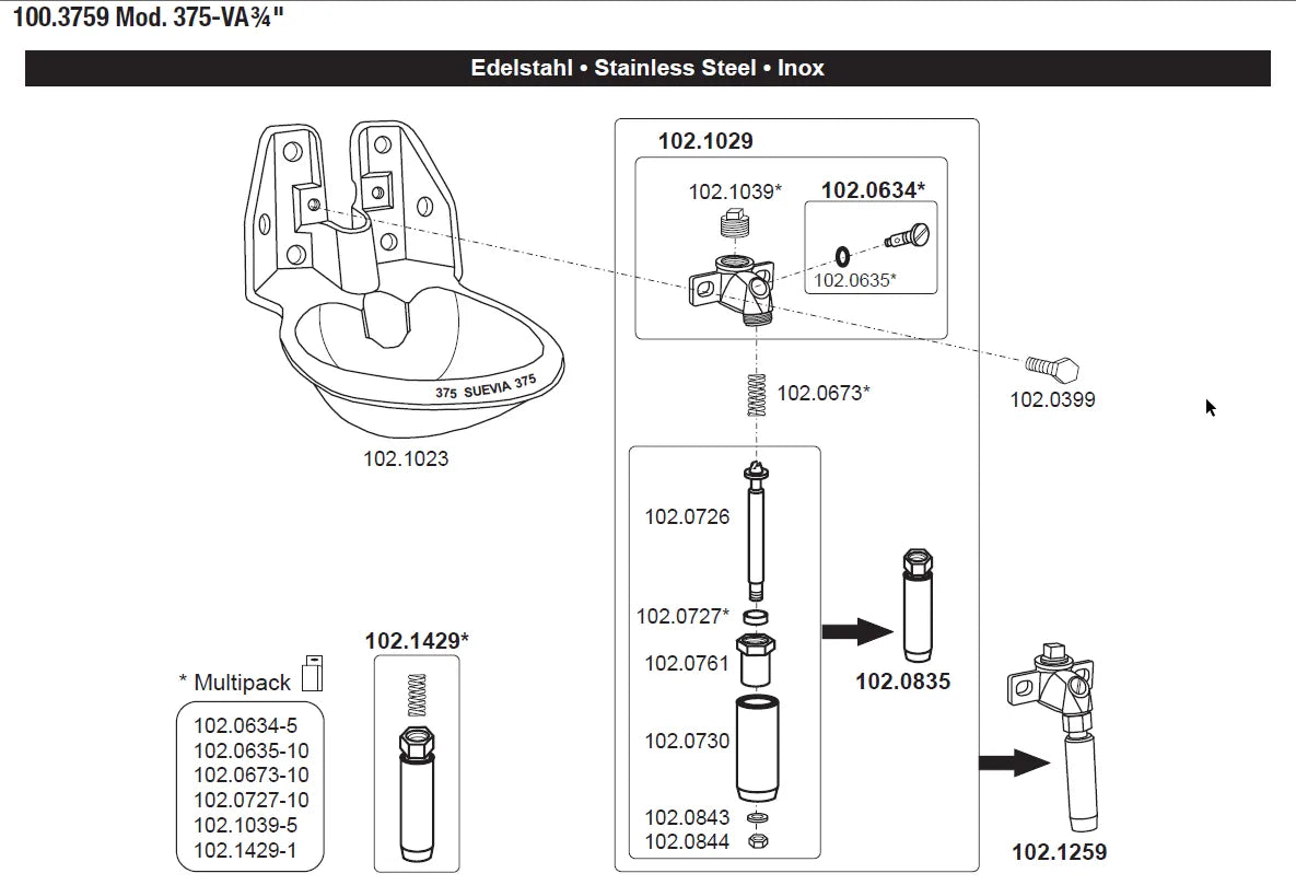 Rohrventil-Becken Mod. 375 . V2A 3/4"