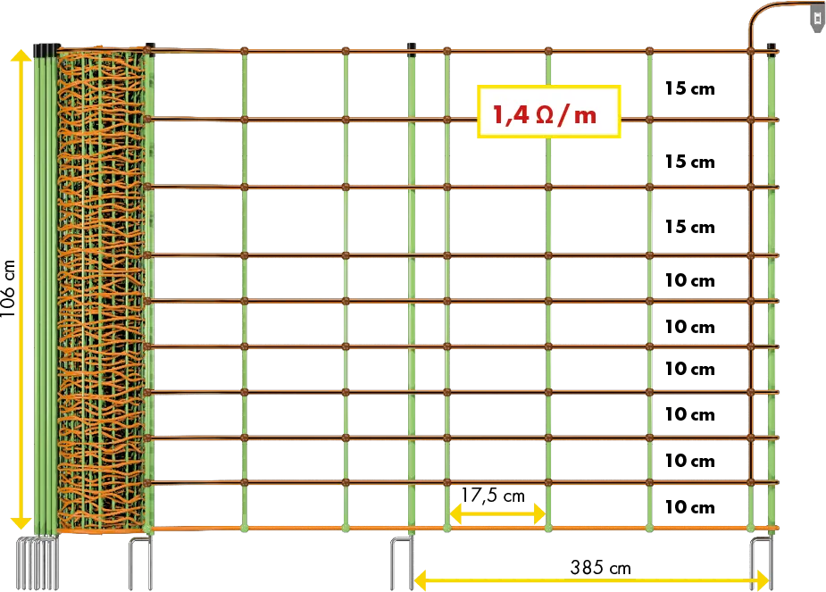 Elektrozaunnetz, Kombi, 1,06 m, 50 m mit Doppelspitze