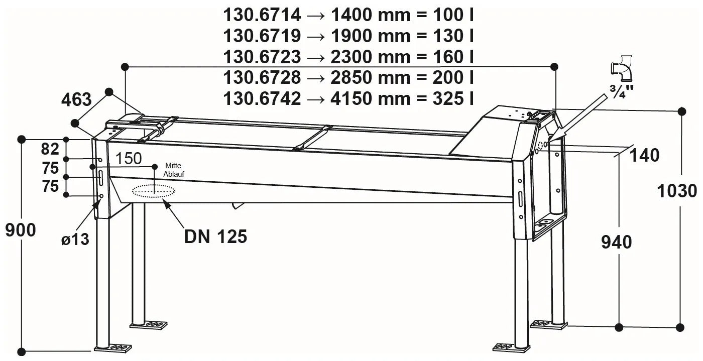 Schnellablauf-Trog 1,40 m (100 l) Modell 6714 für Wandmontage, Edelstahl