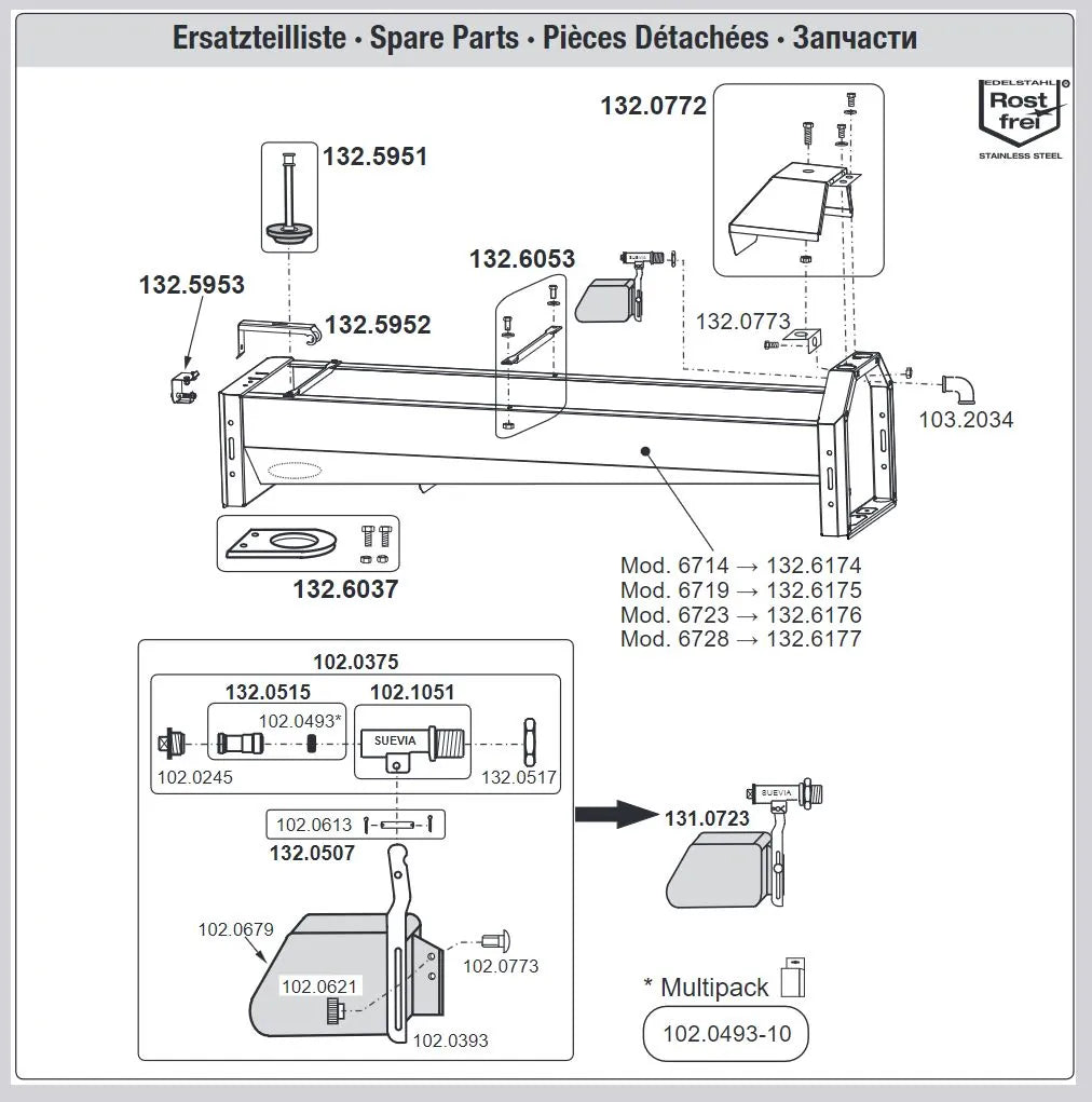 Schnellablauf-Trog 2,30 m (160 l) Modell 6223 für Wandmontage, Edelstahl