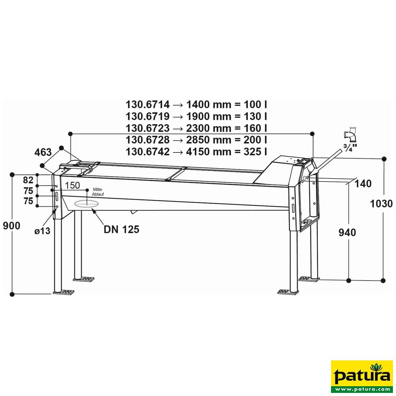 Schnellablauf-Trog 2,30 m (160 l) Modell 6223 für Wandmontage, Edelstahl