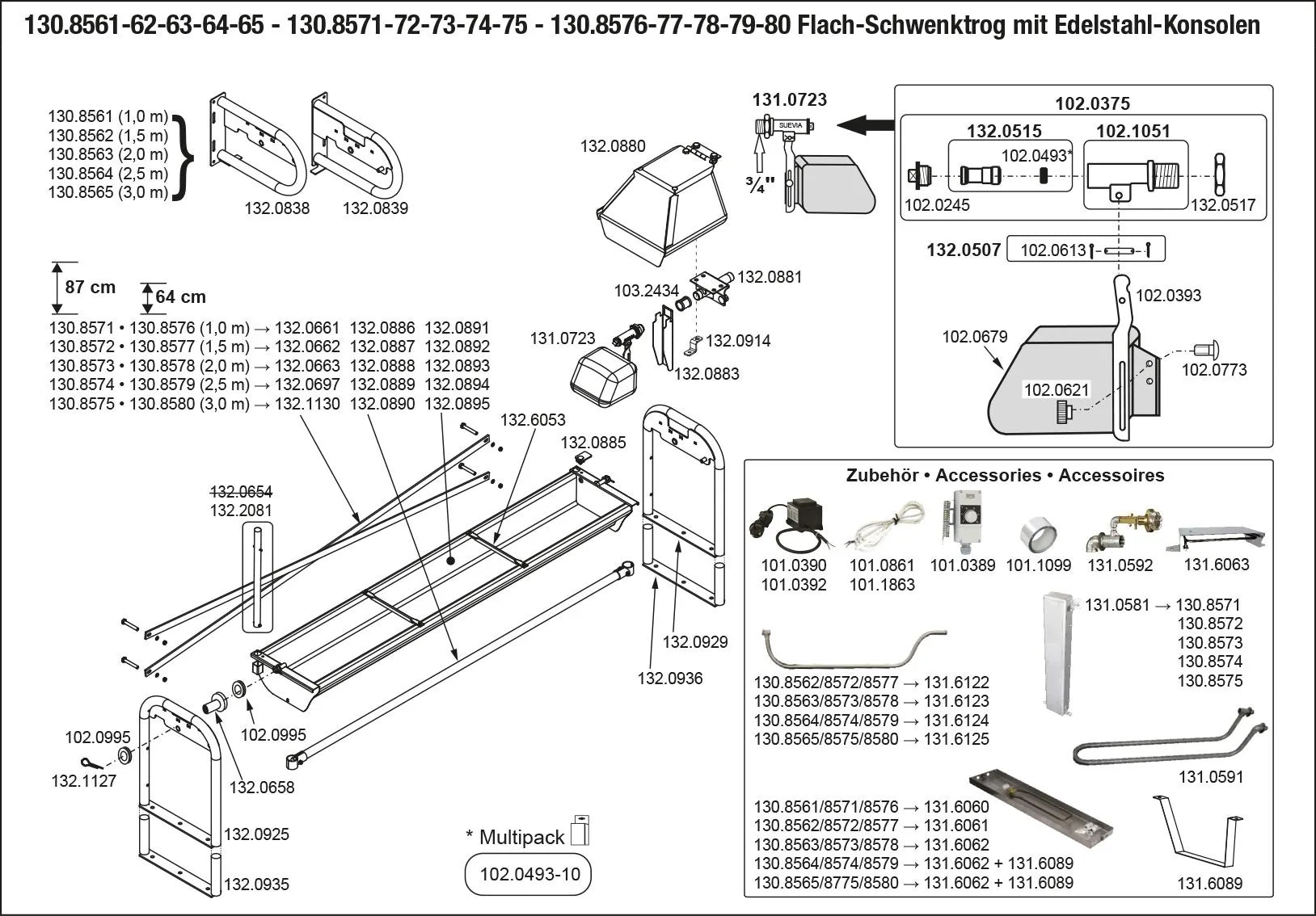 Flachschwenk-Trog 1,0 m - Inhalt 35 l für Wandmontage, Wanne und