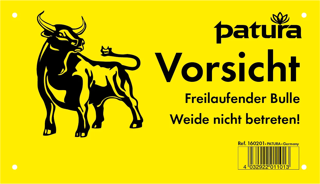 Warnschild, Vorsicht freilaufender Bulle -Weide nicht betreten, Kunststoff