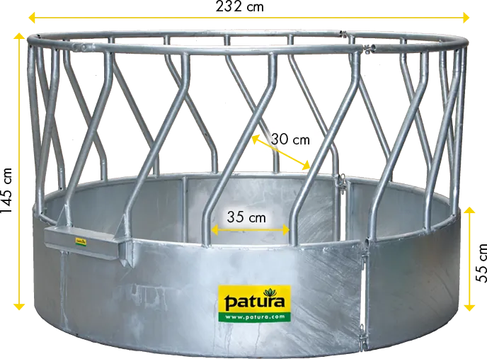 Rundraufe mit Schrägfressgittern, 3-teilig, d= 2,10 m, 18 Fressöffnungen