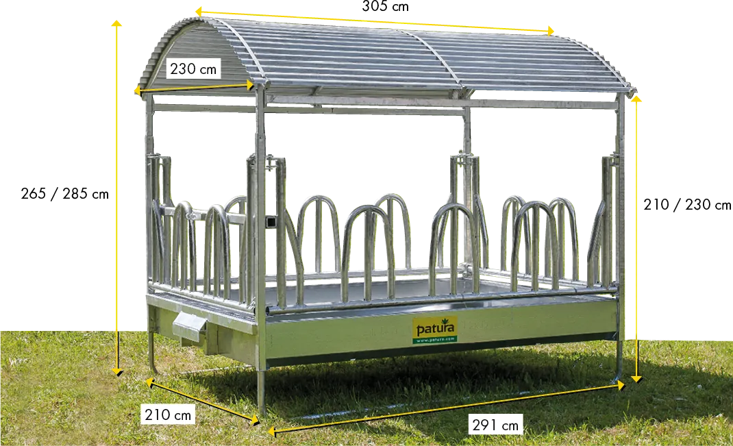 Großballenraufe mit Palisadenfressgittern und Dach