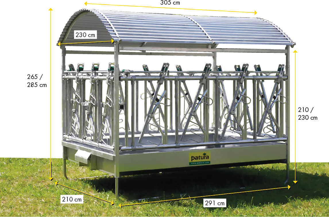 Großballenraufe mit Sicherheits- Fangfressgittern und Dach