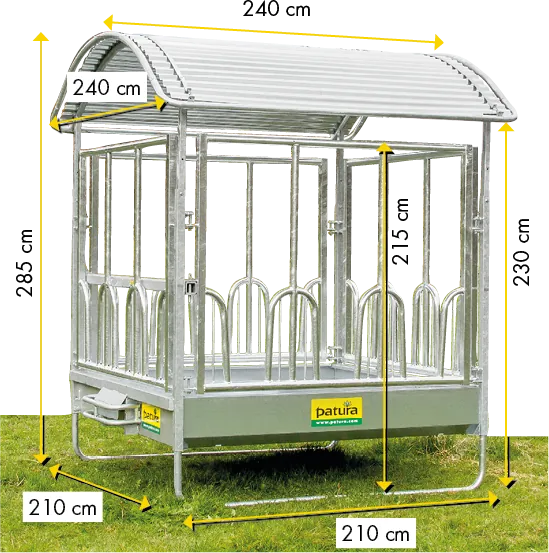 Profi-Viereckraufe mit Universalfressgitter und Dach