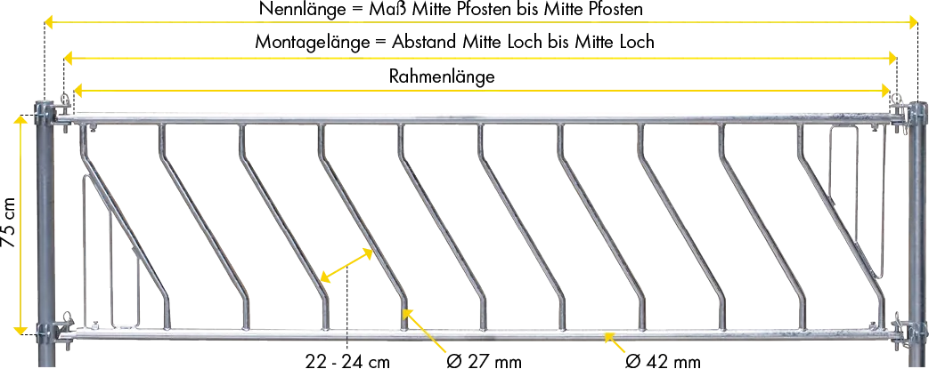 Schrägfressgitter für Kälber, 5 m, 16 Plätze, mit Mittelstütze