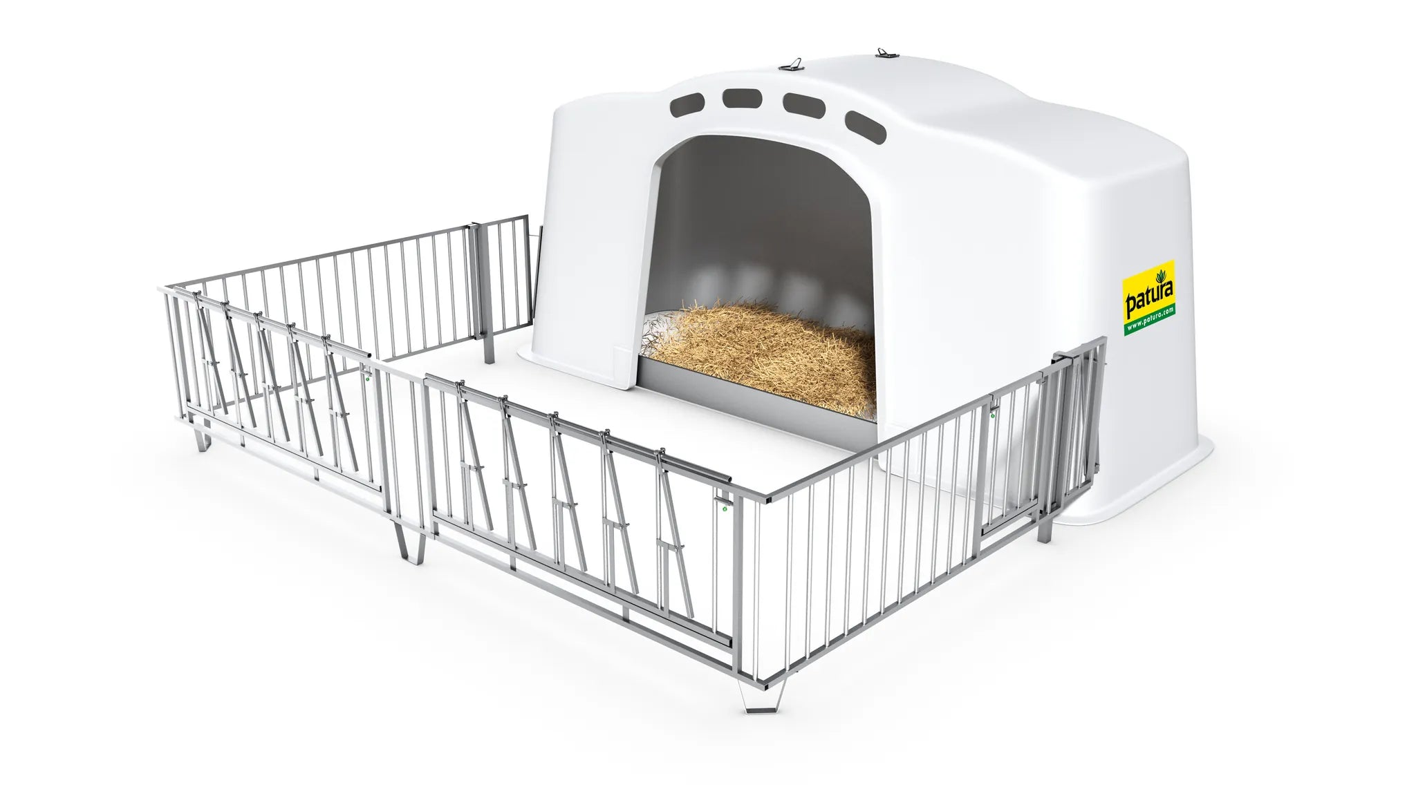 Kälberhütte XXL mit Umzäunung, Metallschwelle, 10 Eimerringe,