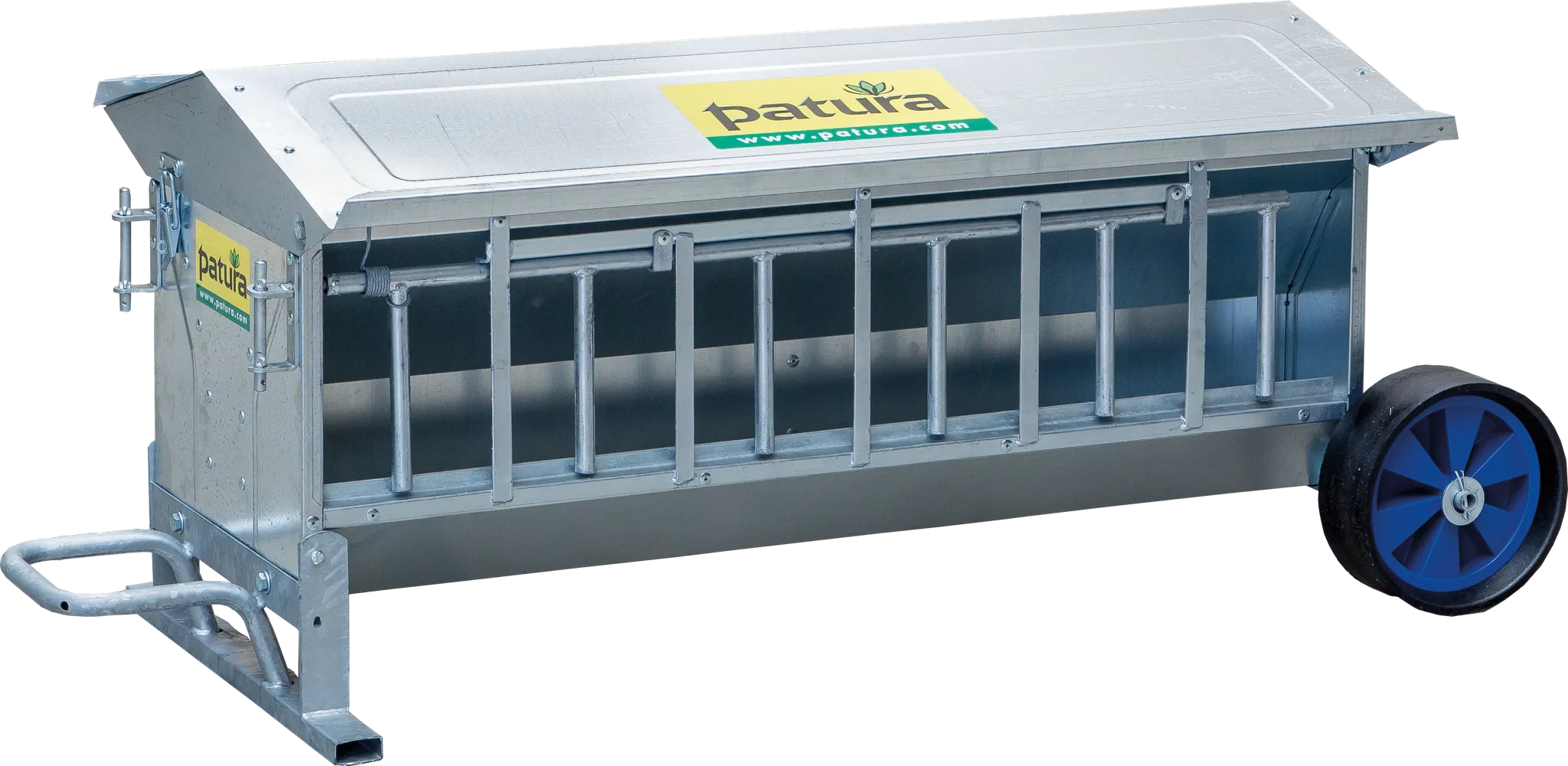 Lämmer-Futterautomat, L= 1,25 m, fahrbar Inhalt ca. 120 ltr., mit Dach, verzinkt