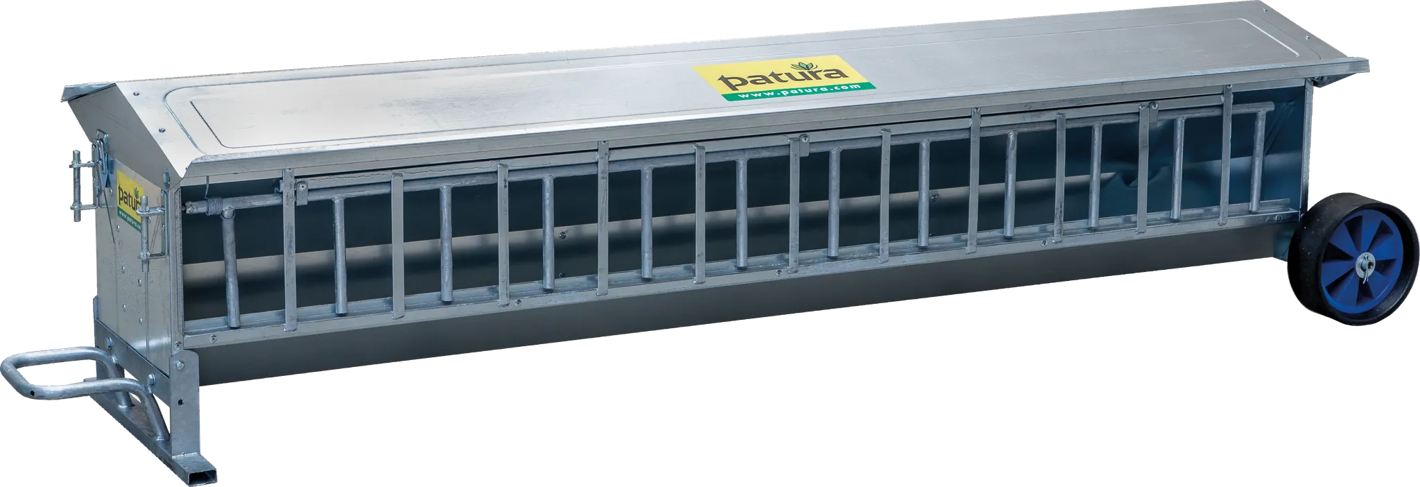 Lämmer-Futterautomat, L= 2,44 m, fahrbar Inhalt ca. 240 ltr., mit Dach, verzinkt