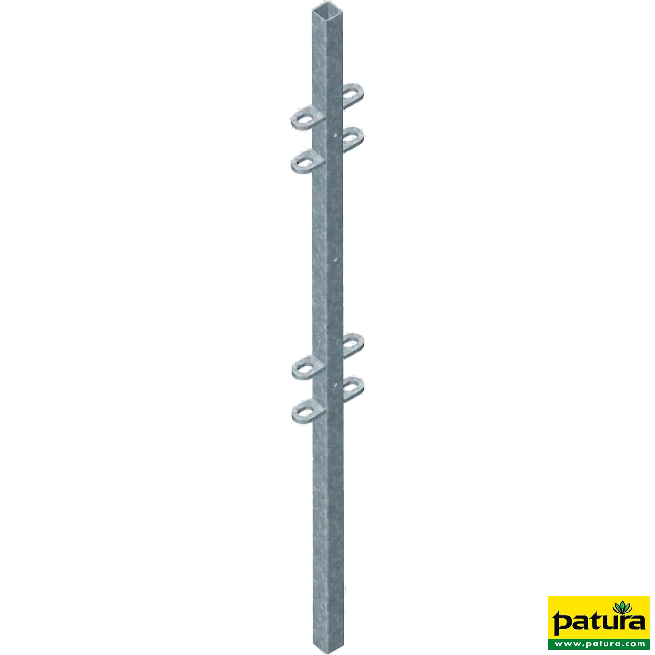 Pfosten Quadrat 40 x 40 mm, 1,45 m, Wandstärke 3,0 mm, angeschweißte Laschen, 3 Bohrungen, für Schafe und Ziegen