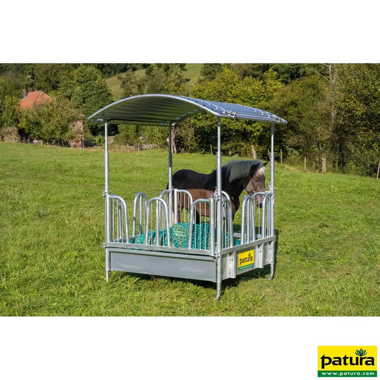 Rahmen für Futtersparnetz, Viereckraufe, Sicherheits-Palisaden, 8 Fressplätze, 1,42 x 1,42 m