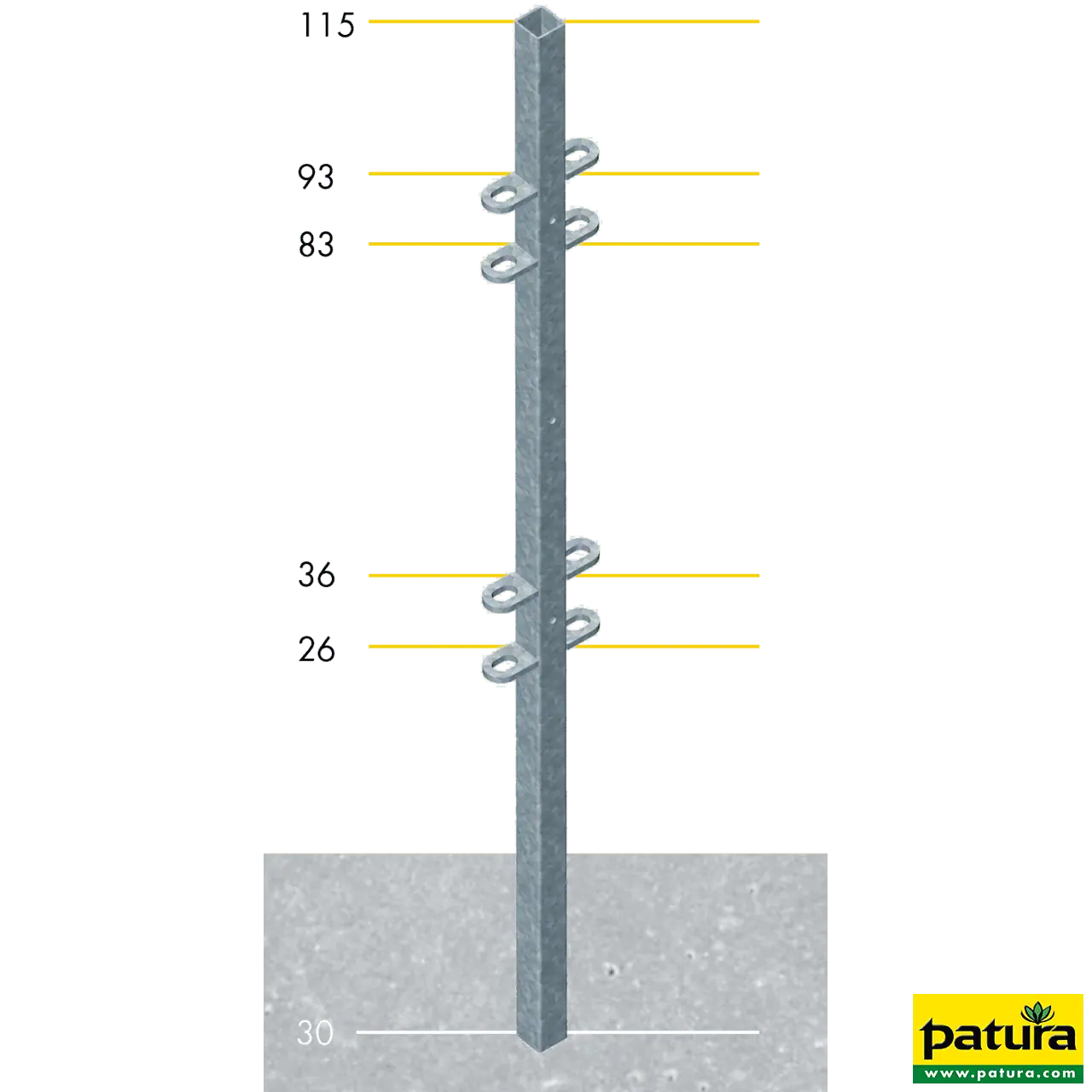 Pfosten Quadrat 40 x 40 mm, 1,45 m, Wandstärke 3,0 mm, angeschweißte Laschen, 3 Bohrungen, für Schafe und Ziegen