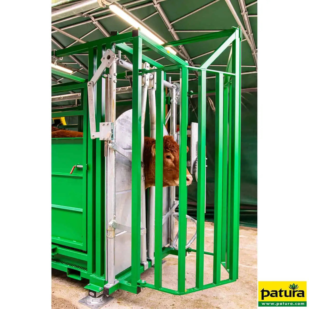 Behandlungsstand A6000, Heckschiebetür, Fangkorb 2-flügelig, stufenlose Halsfangvorrichtung, 3,2 m x 1,3 m x 2,05 m, 661 kg