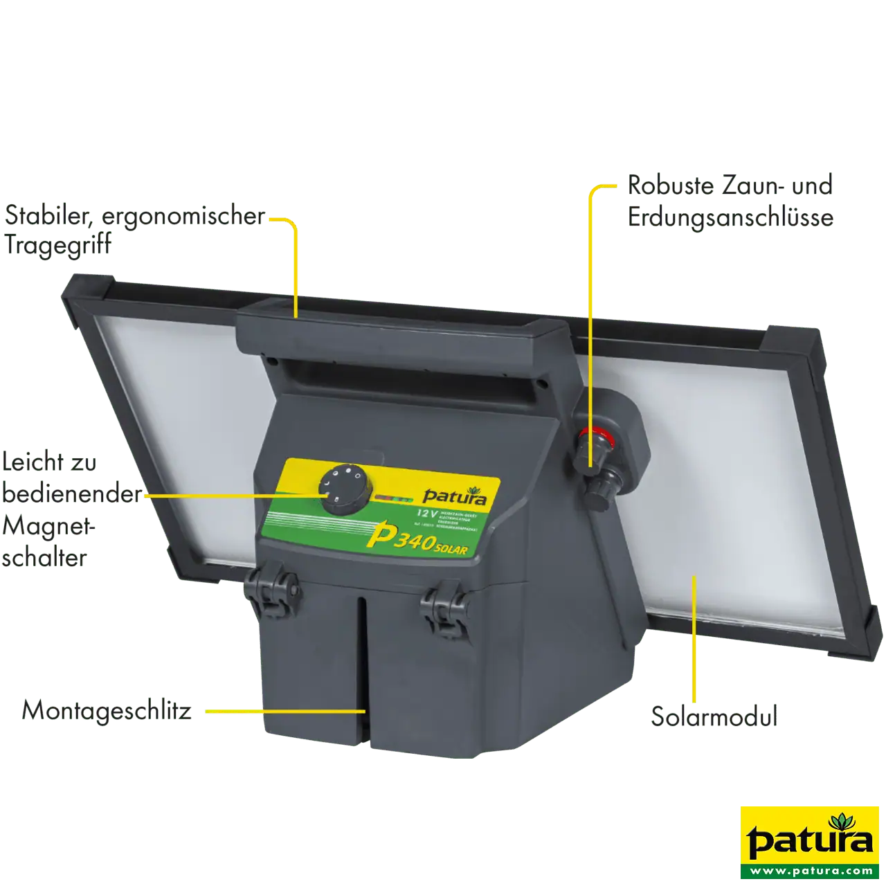 PATURA P340 Solar Weidezaungerät, 39 W Solarmodul, 4,6 J Ladeenergie, 12 V 32 Ah Akku