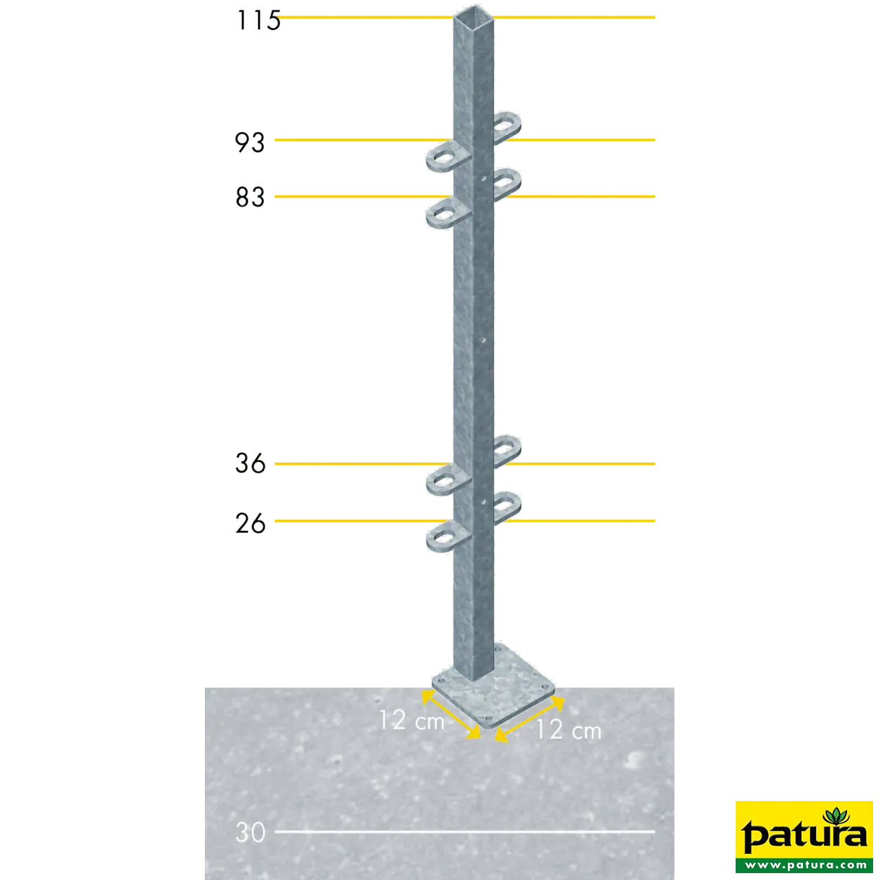 Pfosten quadratisch 40 x 40 mm, 1,15 m, Wanddicke 3,0 mm, Bodenplatte 120 x 120 mm außermittig, beidseitig angeschweißte Laschen, 3 Bohrungen, Sonderposten