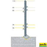 Pfosten quadratisch 40 x 40 mm, 1,15 m, Wanddicke 3,0 mm, Bodenplatte 120 x 120 mm außermittig, beidseitig angeschweißte Laschen, 3 Bohrungen, Sonderposten
