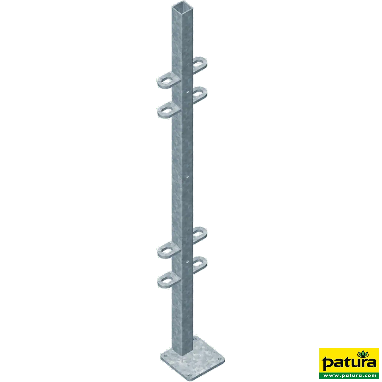Pfosten quadratisch 40 x 40 mm, 1,15 m, Wanddicke 3,0 mm, Bodenplatte 120 x 120 mm außermittig, beidseitig angeschweißte Laschen, 3 Bohrungen, Sonderposten