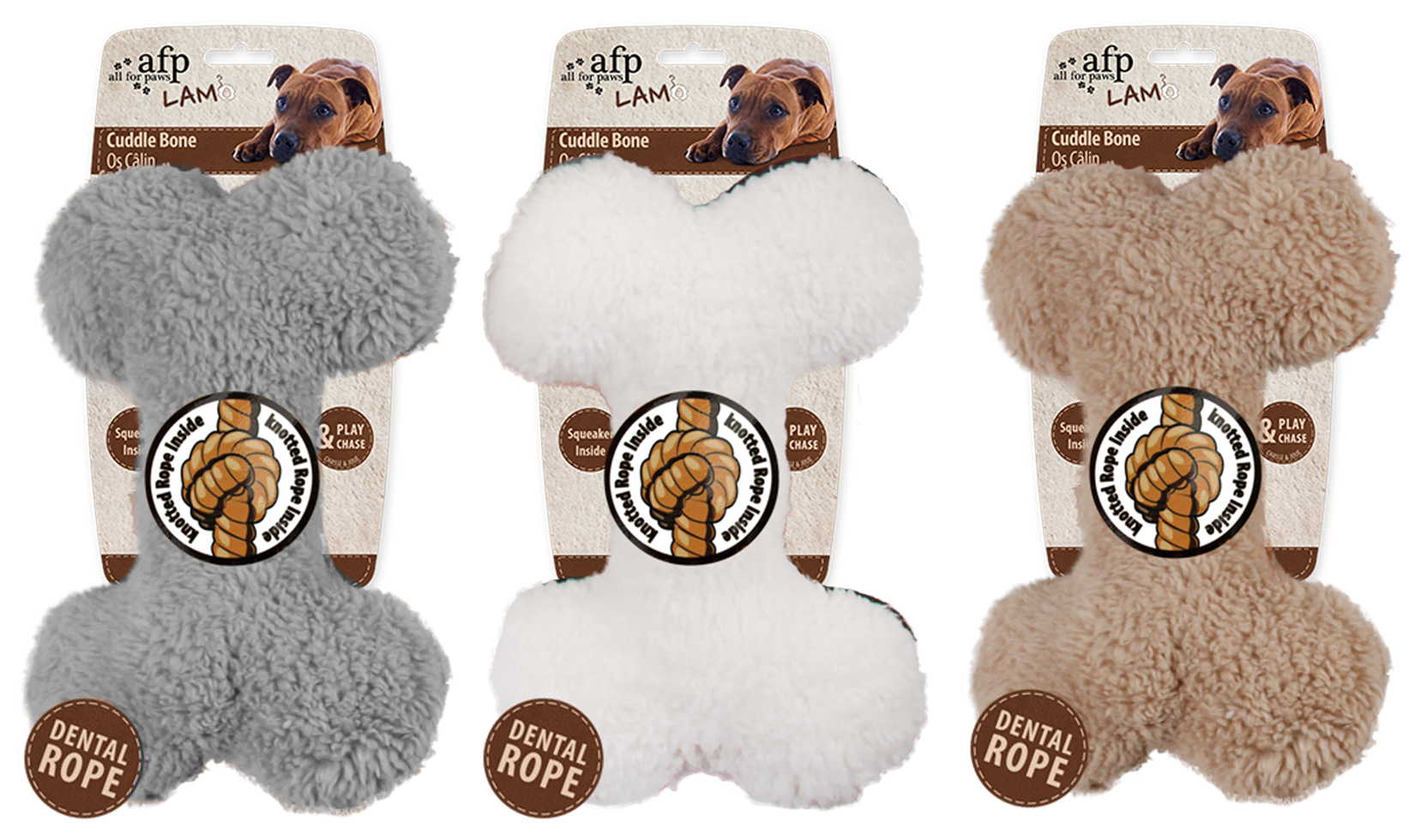 AFP Hundespielzeug Plüschknochen, Faux Fleece, mit Seil und Quietscher, 23 x 15 x 6 cm