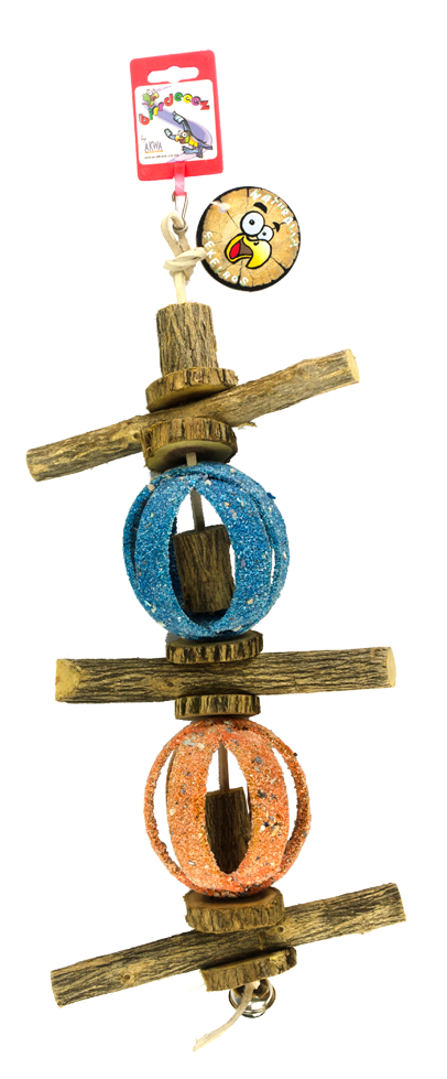 Birrdeeez Papageienspielzeug, doppelter Zirkusball, Sandstruktur, Sichelbuschholz, mit Glöckchen, Länge 47 cm, Ø 10 cm