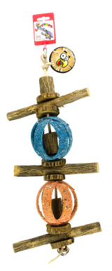 Birrdeeez Papageienspielzeug, doppelter Zirkusball, Sandstruktur, Sichelbuschholz, mit Glöckchen, Länge 47 cm, Ø 10 cm