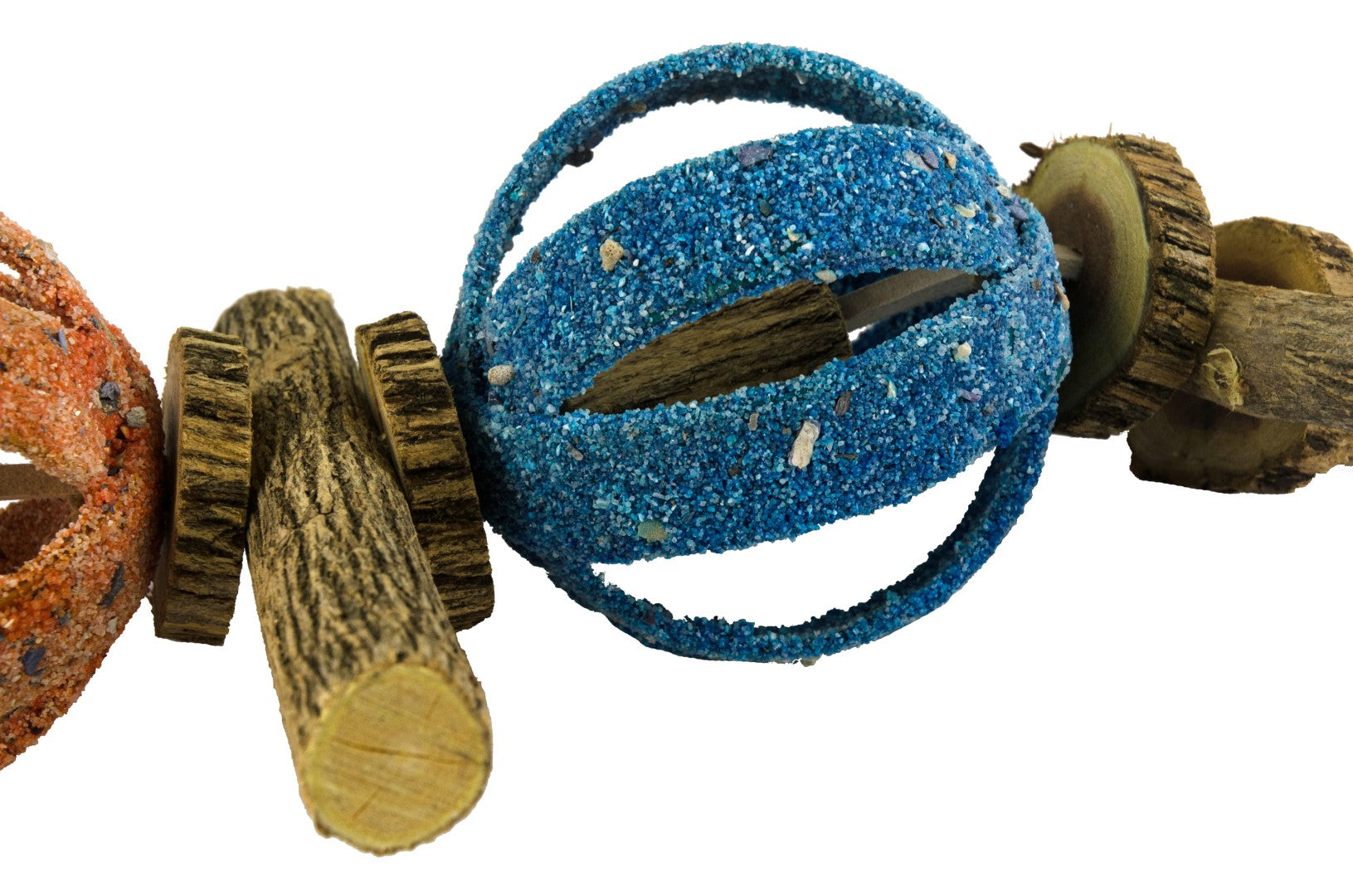 Birrdeeez Papageienspielzeug, doppelter Zirkusball, Sandstruktur, Sichelbuschholz, mit Glöckchen, Länge 47 cm, Ø 10 cm