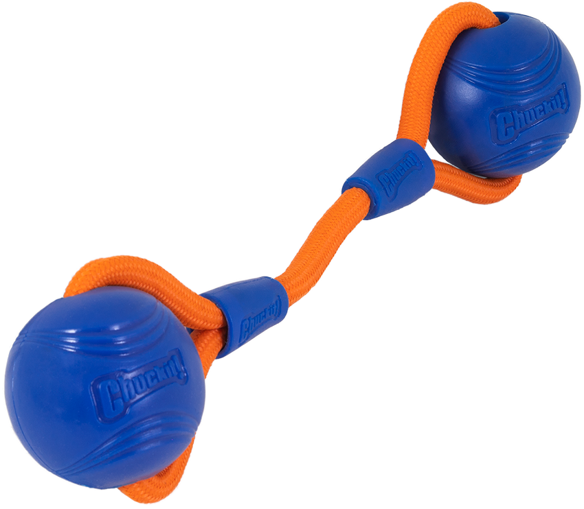 Chuckit Hundespielzeug Crunch Duo Tug, 2 Bälle Ø 6 cm, Seil 18 cm