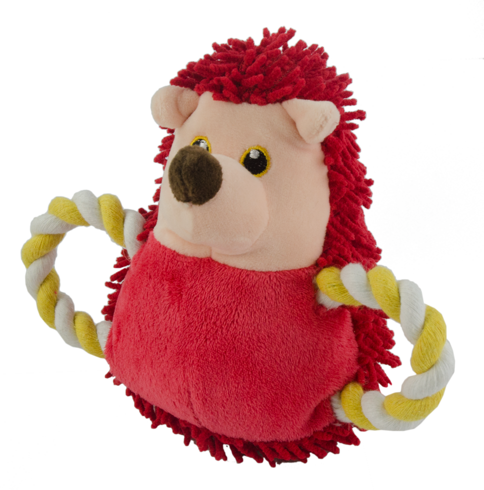 Fuzzle Hundespielzeug, Plüschigel mit Quietscher, Seilschwanz, rot, 26 cm