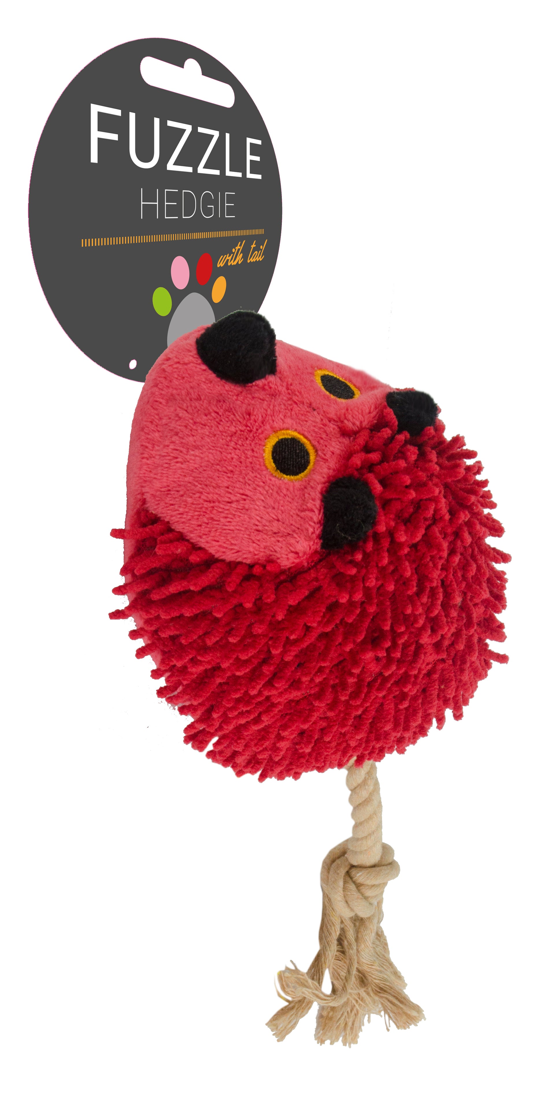 Fuzzle Hundespielzeug, Igel mit Schwanz, Seilarme, Quietscher, 15 x 20 cm, Rot