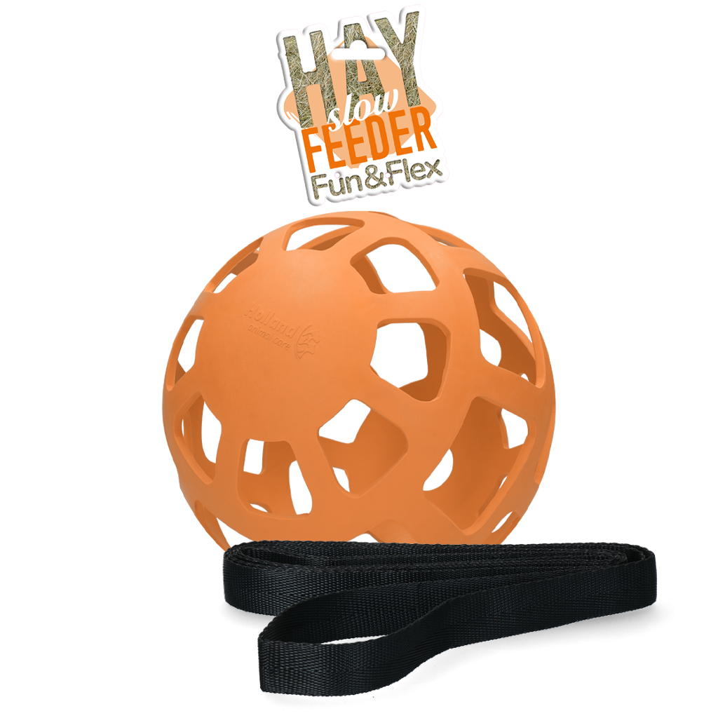 Heu Slow Feeder Ball, flexibel, Gummi, orange, mit 2 m Nylonband