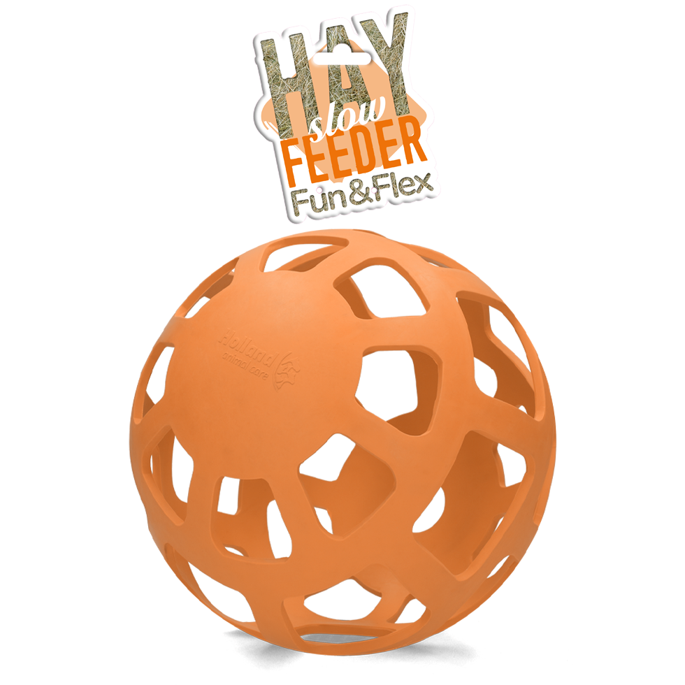 Heu Slow Feeder Ball, flexibel, Gummi, orange, mit 2 m Nylonband