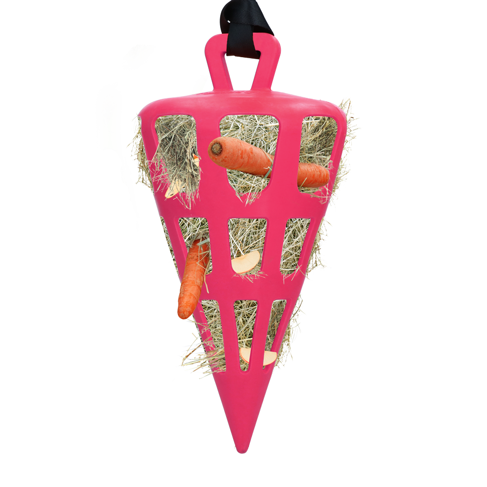 Heu-Slowfeeder Karotte, Naturkautschuk, rosa, mit Nylonseil