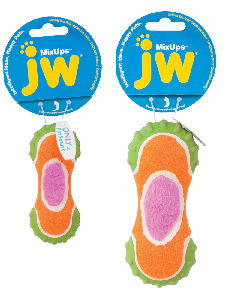 JW Hundespielzeug Mixups Ribbed Barbell, Plüsch, Kautschuk, Tennisball, S, 10 cm