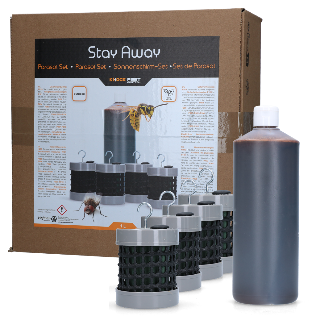 Knock Pest Stay Away Sonnenschirmset, 4 Tuben je 10 cm, 1 l Flüssigkeit, natürlicher Insektenschutz